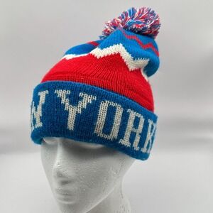 New York City Hunter Beanie Hat Blue Red Colorblock Knit Pom Pom Streetwear‎